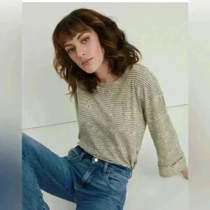 Lucky Brand Size Medium Eyelet Stripe Tee Long Sleeve Scoop Neck Boho Netural